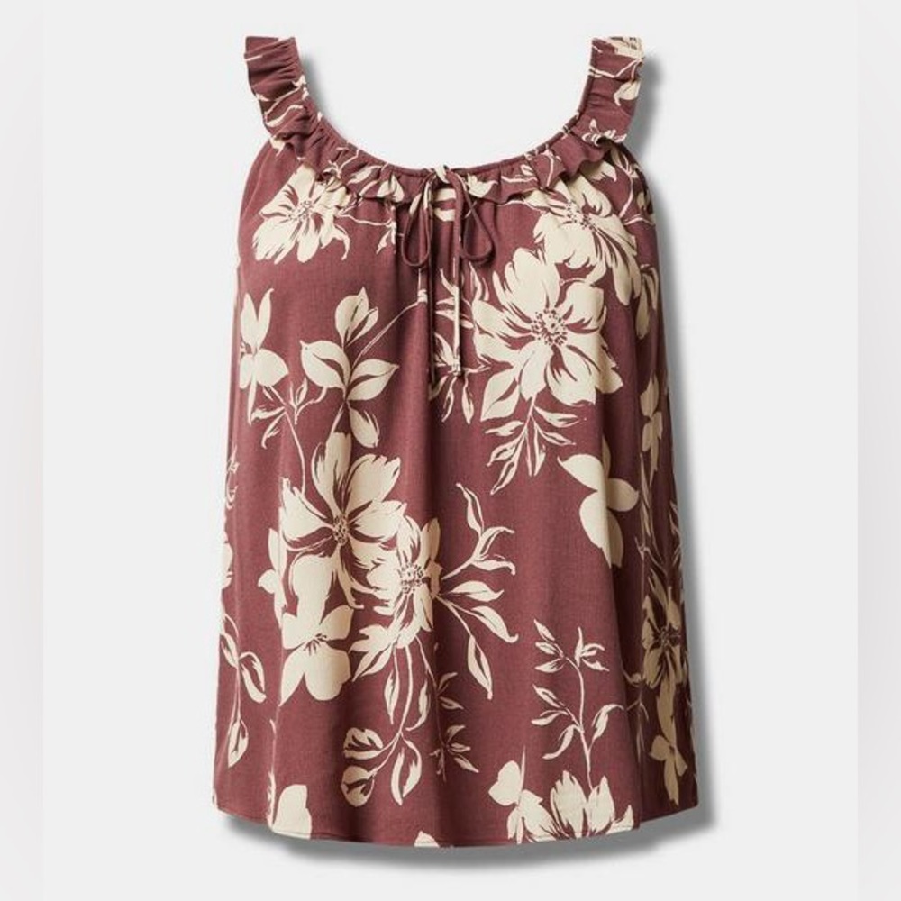 Torrid Plum Floral Print Crinkle Gauze Ruffle Tie Front Cami Top Sz 1